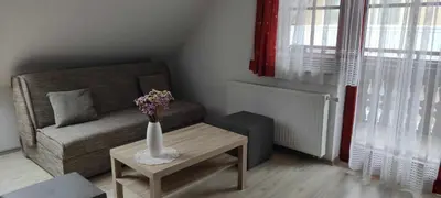 a living room with a couch and a table with a vase of flowers at Apartmaji Boštjan Pristavec in Kranjska Gora