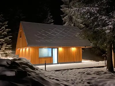 a wooden cabin with lights on it in the snow at Brunarica Chalet Rogla Sauna in Vitanje