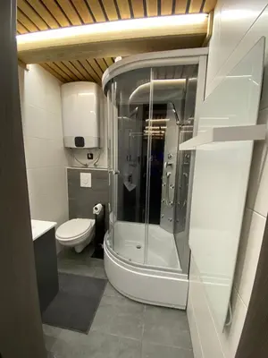 a bathroom with a shower and a toilet at Brunarica Chalet Rogla Sauna in Vitanje