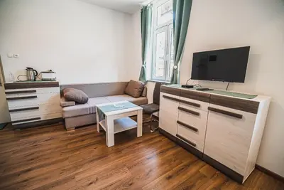 a living room with a couch and a tv at Studio CENTER in Zgornje Jezersko