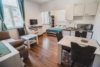 a room with a kitchen and a living room at Studio CENTER in Zgornje Jezersko