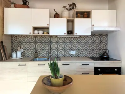 a kitchen with white cabinets and a plant in a bowl at BEe in foREST in Pivka