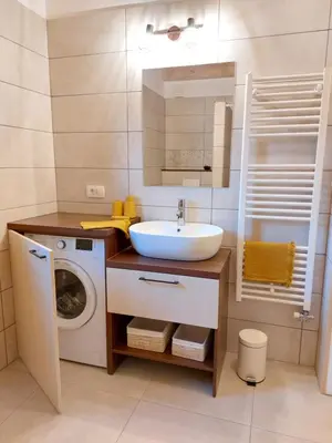a bathroom with a sink and a washing machine at BEe in foREST in Pivka