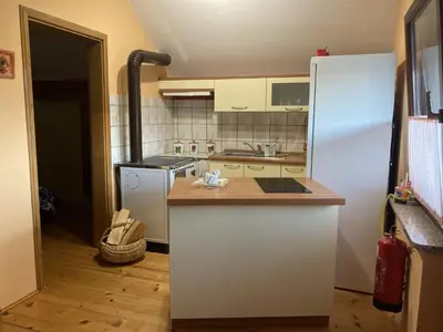 a kitchen with a white refrigerator and a counter at Vineyard Cottage Slanc in Metlika
