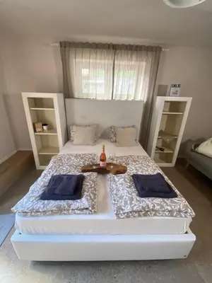 a bedroom with a large white bed with blue pillows at NEW G&P Villa - Free Parking in Ljubljana