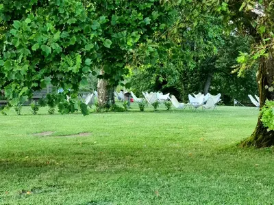 a group of white chairs sitting in a park at BIG BERRY Kolpa - MerryBerry mobile house in Metlika