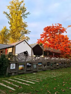 a fence with pictures on it in a yard at BIG BERRY Kolpa - MerryBerry mobile house in Metlika