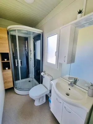 a bathroom with a shower and a toilet and a sink at BIG BERRY Kolpa - MerryBerry mobile house in Metlika