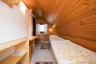 a bedroom with two beds in a wooden room at Rooms Pekovec Bohinj in Bohinj