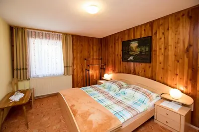 a bedroom with wooden walls and a bed and a window at Rooms Pekovec Bohinj in Bohinj