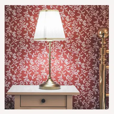 a lamp on a table in front of a red wall at Apartmaji Aucin - Brda in Kojsko