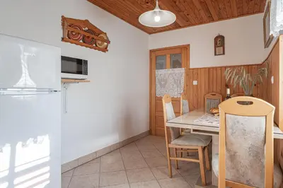 a kitchen with a table and chairs and a refrigerator at Vineyard cottage Kolpa Zupančič in Stari Trg ob Kolpi