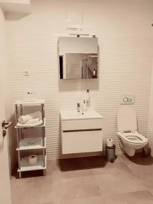 a bathroom with a sink and a toilet and a mirror at Oasis of Energy in Ljubljana