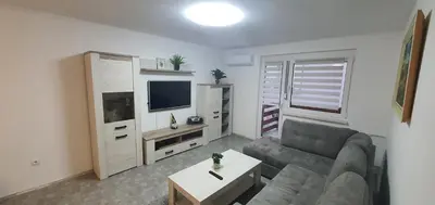 a living room with a couch and a tv at Apartma Sivi žako in Bohinj