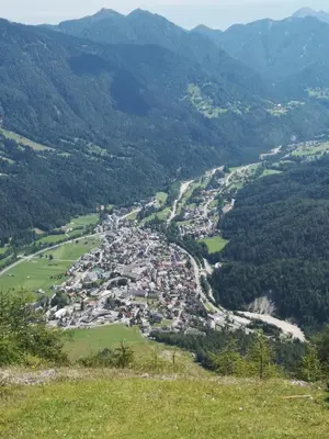 an aerial view of a village in the mountains at Apartma Studio Jana in Kranjska Gora