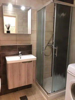 a bathroom with a sink and a shower at Apartma Ajda 2 , Jezerska cesta 65, Kranj in Kranj