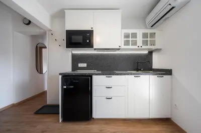 a kitchen with white cabinets and a black refrigerator at GrosAlp apartments in Lesce