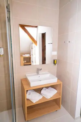 a bathroom with a sink and a mirror at Hiša Pep's in Ivanjkovci