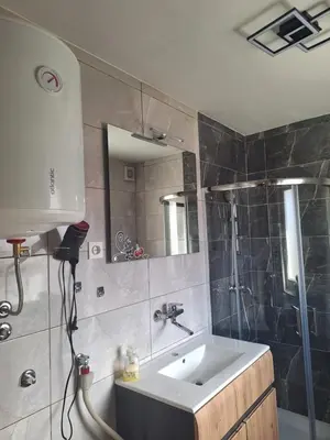 a bathroom with a sink and a shower at Cherry House in Čatež ob Savi