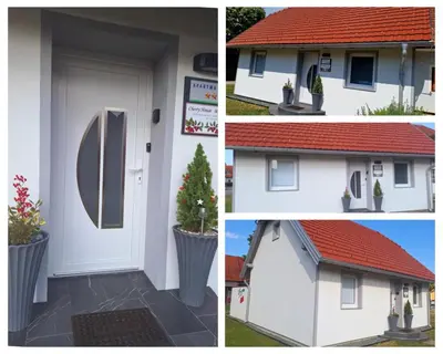 a collage of photos of a house with a door and potted plants at Cherry House in Čatež ob Savi