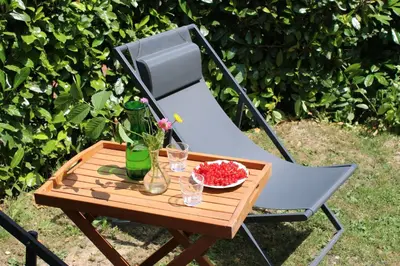 a blue chair with a table with glasses on it at Panoramic Forest Chalet Bled Lake and Castle View in Bled