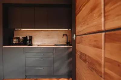 a kitchen with black cabinets and a wooden door at Ranč Mackadam Ranch Mackadam in Tržič