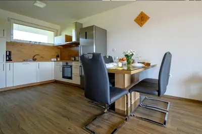 a kitchen with a wooden table and two chairs at Family apartment Moravske Toplice in Moravske Toplice
