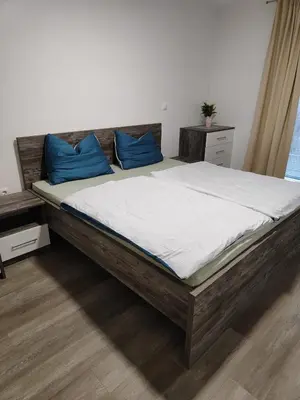 a large bed with blue pillows in a bedroom at Family apartment Moravske Toplice in Moravske Toplice