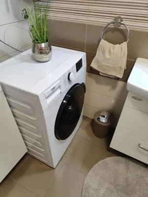 a white washing machine in a kitchen with a plant at Family apartment Moravske Toplice in Moravske Toplice