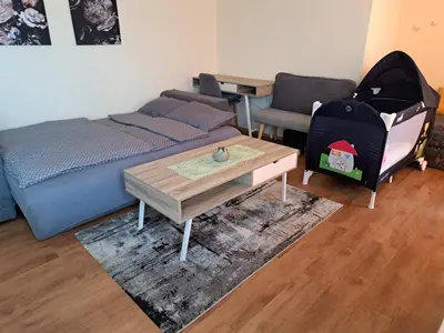 a living room with a couch and a table at Apartma Moravske Toplice 16 in Moravske Toplice