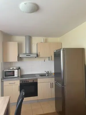 a kitchen with a stainless steel refrigerator and a microwave at Apartma Moravske Toplice 16 in Moravske Toplice