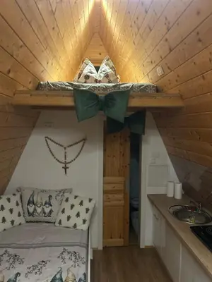 a bedroom with a bed and a wooden ceiling at NEW! Glamping House with new hot tub and sauna- Hisa oddiha UPDATED DECEMBER 2025 in Smarjeske Toplice