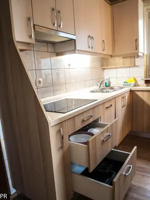 a kitchen with a sink and wooden cabinets at Apartment Activity in Radomlje