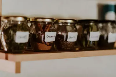 a shelf with jars of food on it at Marko's eco cabin in Bled