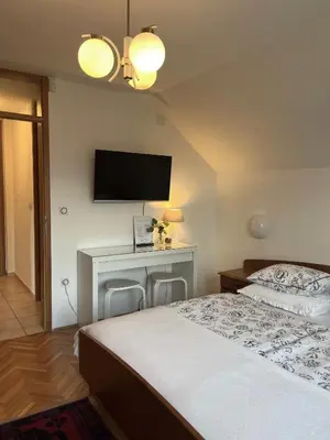 a bedroom with a bed and a desk with a television at Lakeview Guesthouse & Chalet Bled in Bled