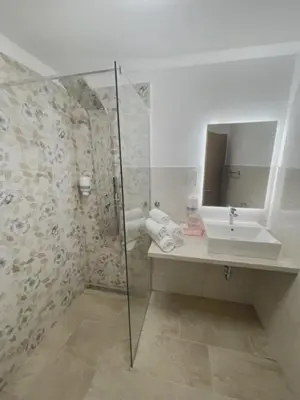 a bathroom with a shower and a sink and a mirror at Apartma Toni Bovec in Bovec