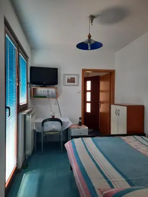 a bedroom with a bed and a tv in it at Rooms Čehovin in Postojna