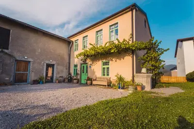 an exterior view of a house with a driveway at BELAKAPA Authentic house with garden and free parking in Ilirska Bistrica
