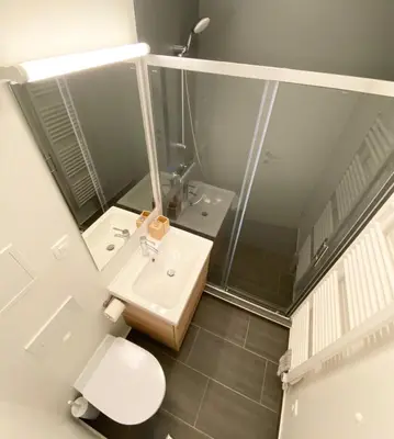 a bathroom with a sink and a toilet and a shower at Apartment 3 Sovice in Bovec
