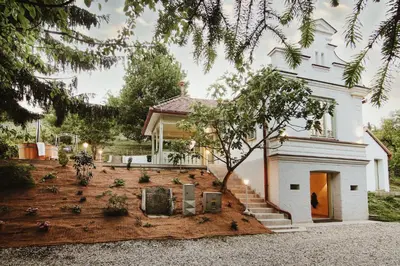 a white house with a staircase in front of it at Vila Vilma Vineyard Cottage in Lendava