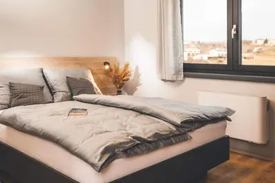 a large bed in a room with a window at Villa Vajta in Dobrovo