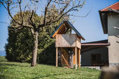 a building with a tree next to a house at Apartment pri Povhih in Slovenske Konjice