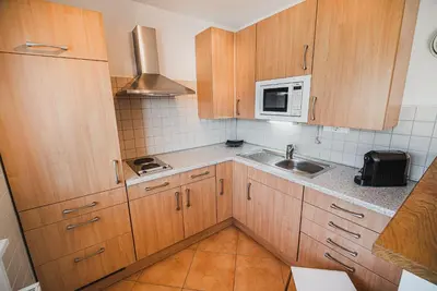 a small kitchen with wooden cabinets and a sink at Apartment pri Povhih in Slovenske Konjice