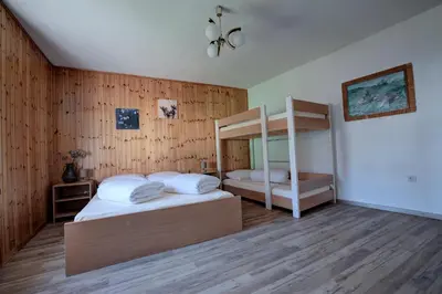 two beds in a room with wooden walls at Apartma Hči planin in Bovec