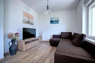 a living room with a couch and a flat screen tv at Apartma Hči planin in Bovec