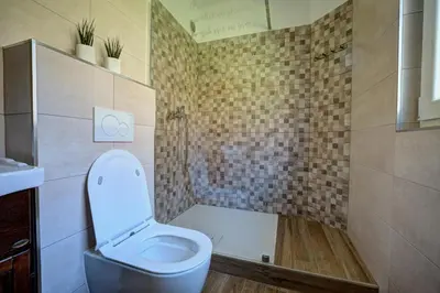 a bathroom with a toilet and a bath tub at Apartma Hči planin in Bovec