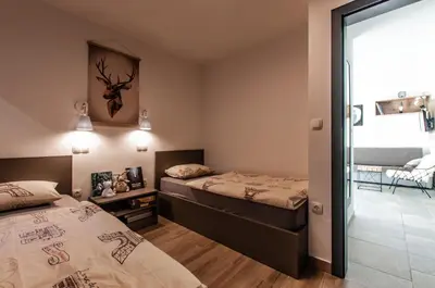 a bedroom with two beds and a sliding glass door at Apartma Kadulja Golte in Mozirje