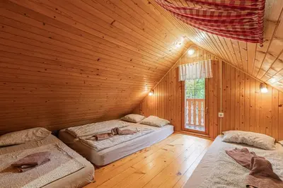 a bedroom with two beds in a wooden room at Hiška pod Rudnico 1 in Podčetrtek