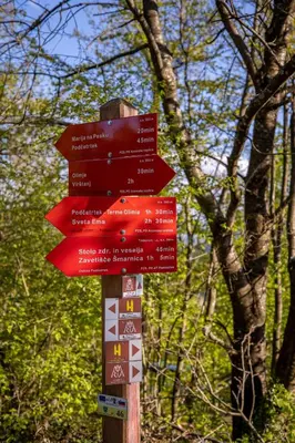 a group of red signs on a wooden pole at Hiška pod Rudnico 1 in Podčetrtek