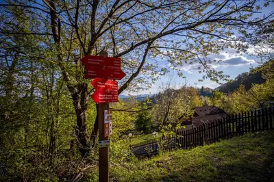 a red sign on a pole in the grass at Hiška pod Rudnico 1 in Podčetrtek